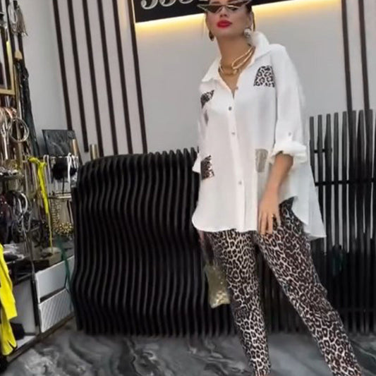 💖Cămașă din două piese cu imprimeu leopard + pantaloni întinși